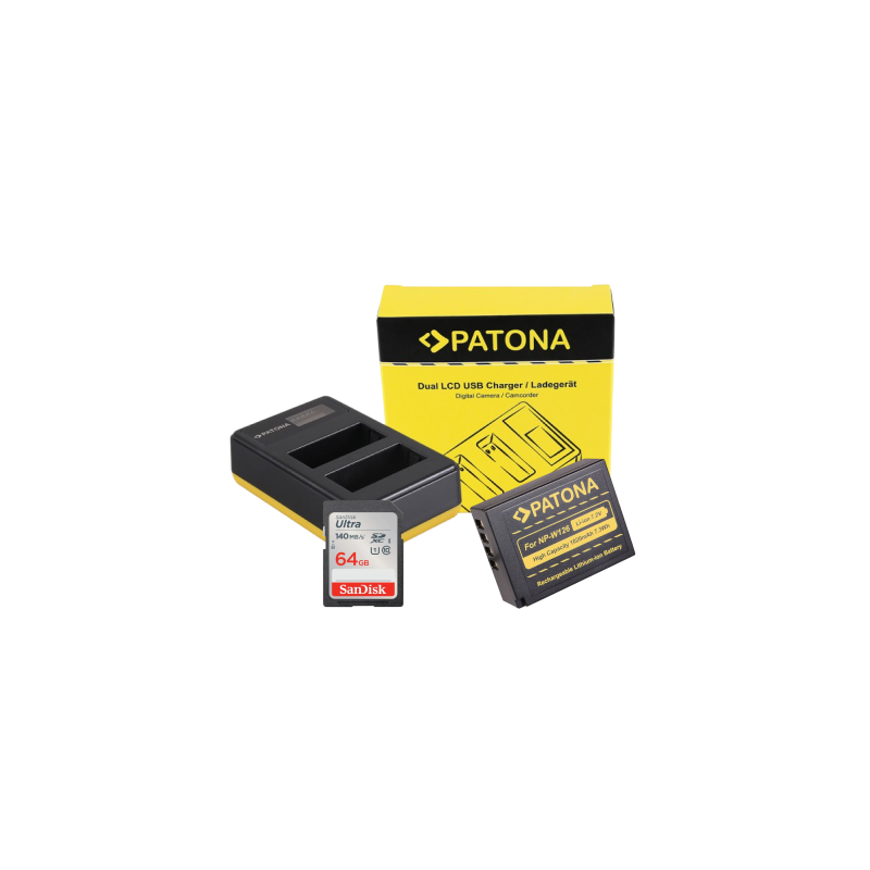 PATONA KIT BATTERIE & CHARGEUR + SANDISK CARTE SD 64GB