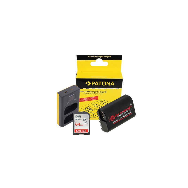 PATONA KIT BATTERIE & CHARGEUR + SANDISK CARTE SD 64GB